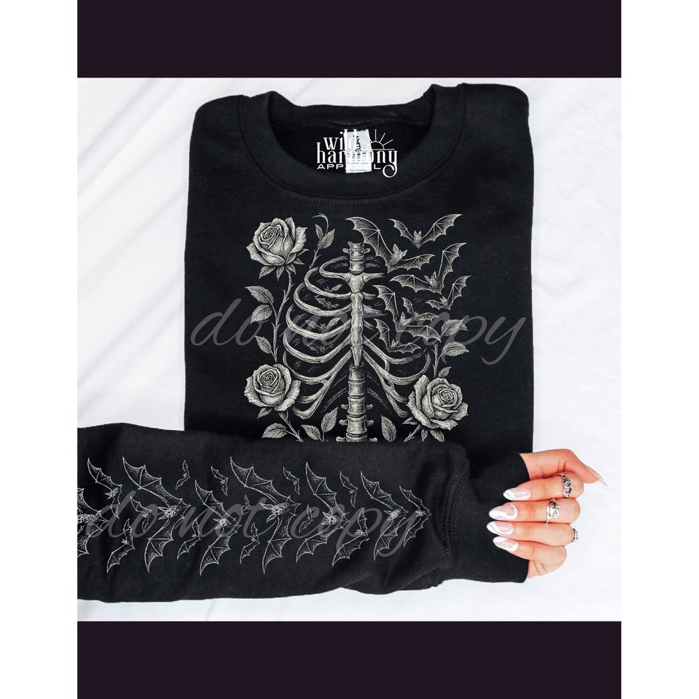 Wild Harmony Apparel Black Skeleton Ribcage Roses Bats Graphic Sweatshirt M